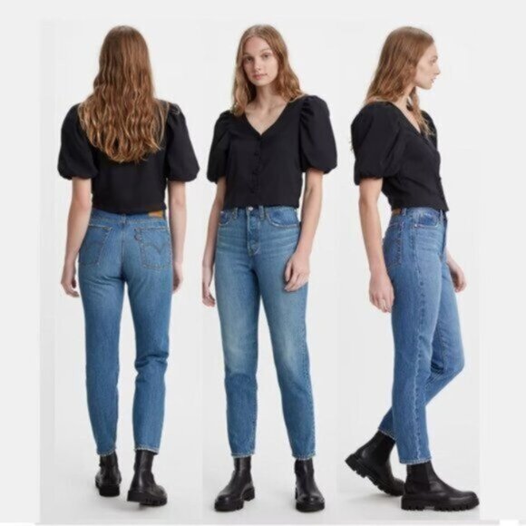 Levi’s Wedgie Straight High-Rise Button Fly Jeans Size 32 Blue Denim Raw Hem - Picture 1 of 15